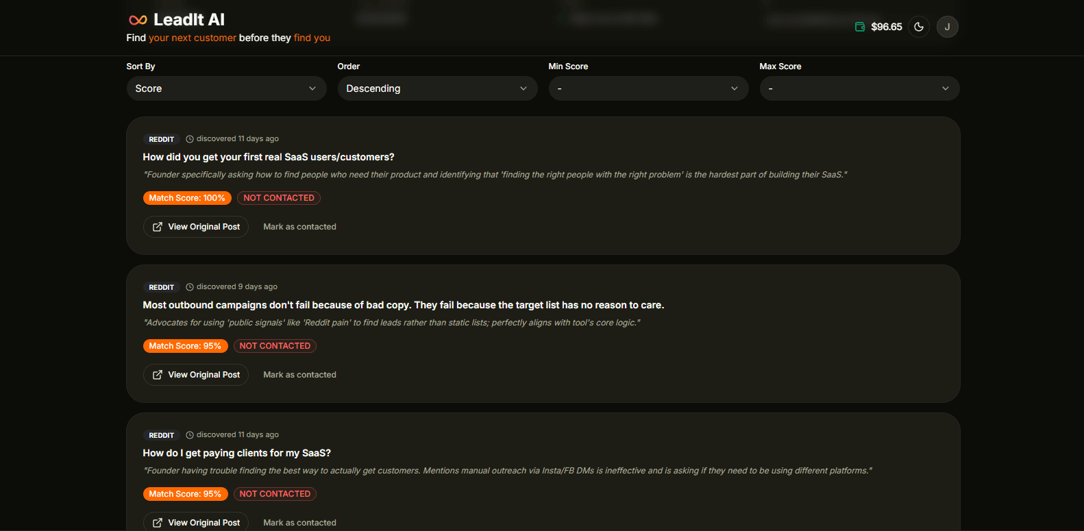 LeadIt dashboard showing Reddit intent monitoring and leads